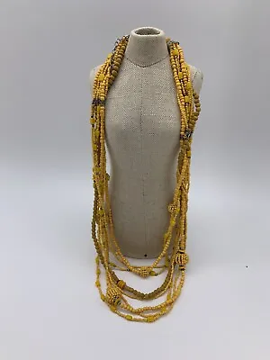 Long Vintage Hand Beaded Mustard Yellow Seed & Wooden Beads Adjustable Necklace  • $15