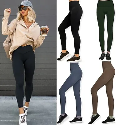 Ladies Leggings Ladies LINED Black Tummy Control High Waist Size NEW Plain Women • £7.99