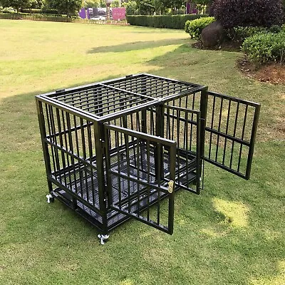 36'' Heavy Duty Metal Crate Dog Cage Double Doors W/Divider Black Kennel Playpen • $169.99