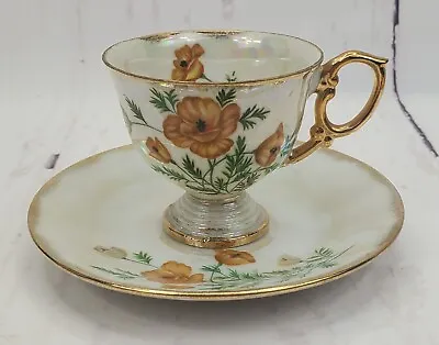 Ucagco Vtg August Poppy Footed Tea Cup With Saucer Iridescent Finish Gold Trim • $15.37