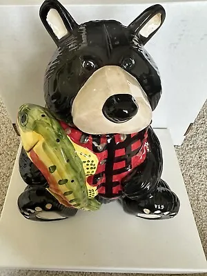 Black Bear Red Plaid Shirt W Trout Fish Cookie Jar Canister Woodland Cabin • $42.99