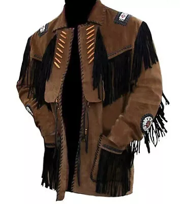 Mens Western Suede Jacket - Native American Cowboy Jacket Fringes Leather Jacket • $134.99