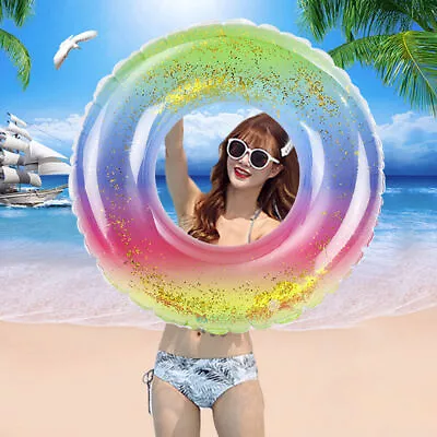 90CM Inflatable Rainbow Sequin Swimming Ring Floating Swim Pool Beach Floats Toy • £3.99