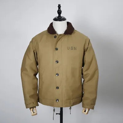 Mens Vintage Amekaji WW2 USN Navy N-1 Deck Jacket Winter Thick Wool Lined Coats • $209.99