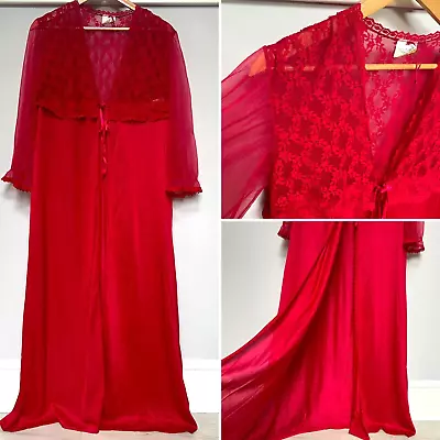 Vtg Stardust Long Peignoir Robe Gown L Red Lace Satin Babydoll Negligee Chiffon • $47