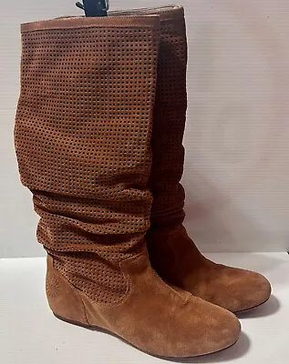 UGG Size 8 ABILENE SUEDE Chestnut Brown Perforated Slouchy Boots Mid Calf Shoes • $149.99