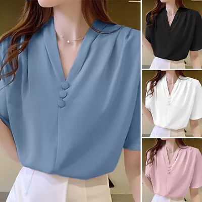 UK 8-24 Women Short Sleeve V Neck Shirt Solid Chiffon Blouse Cocktail Party Tops • $22.17
