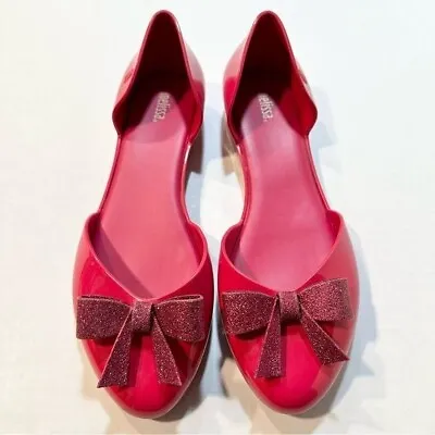 Melissa Pink Jelly Flats Glitter Bow Toe Size 9 • $39