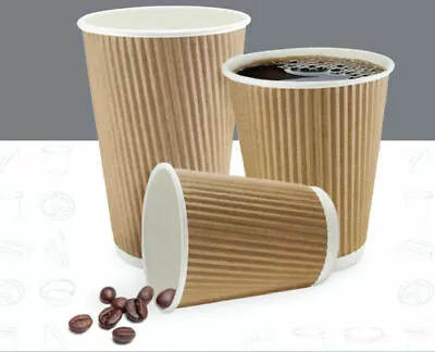 12oz Insulated Kraft Ripple Disposable Paper Coffee CupsLids  UK NEW • £6.99