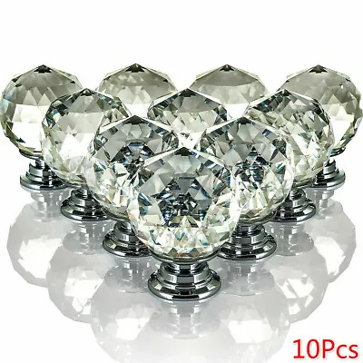 10 Crystal Glass Door Knobs Diamond Drawer Cabinet Furniture Handle Knob Kitchen • £7.95