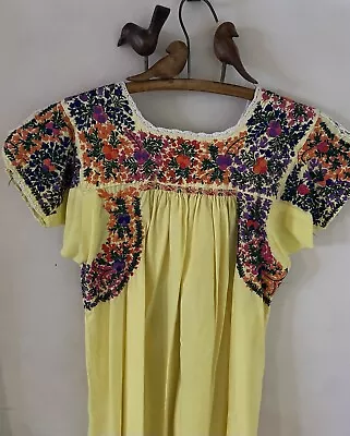 Vintage MEXICAN Festival Fiesta OAXACAN Yellow Embroidered DRESS. Cotton. Small. • £72.39