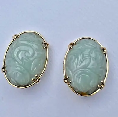 Ming's Hawaii Pale Green Jade Floral Carved Cabochon 14kt  Yellow Gold Earrings • $799