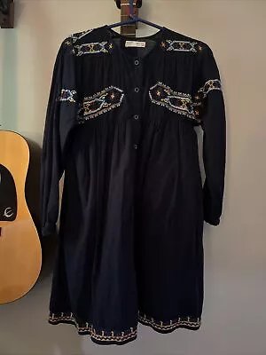 $15 • Buy Zara Navy Blue Embroidered Boho Long Sleeve Fall Dress Button Front Girls 13/14