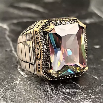 Silver Mystic Topaz Gemstone Ring  Men Silver Colorized Stone Ring  Vintage • $60