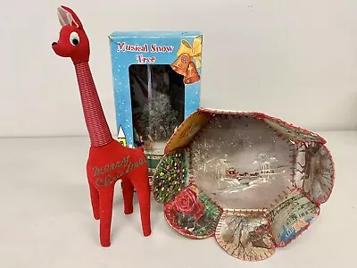 VTG Christmas Lot. Giraffe Card Holder Musical Snow Tree Handmade Card Bowl • $35