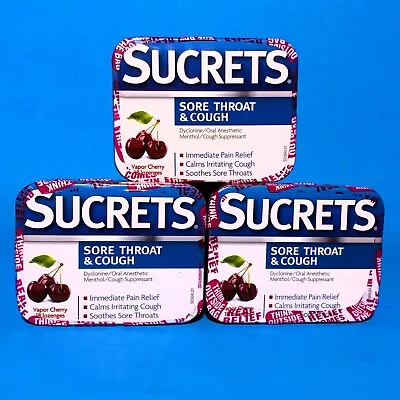 SUCRETS 3-pak Vapor Cherry Sore Throat & COUGH Lozenges 18ct Tin Exp. 01/2025 • $13.99
