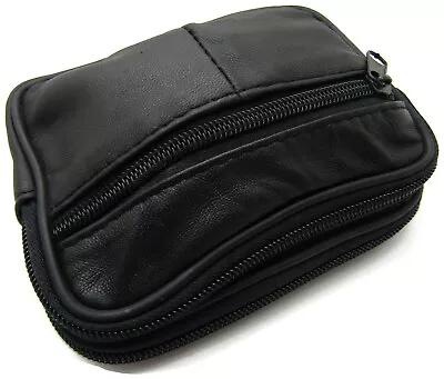 Unisex Lorenz Black Leather Twin Pocket Zipped Pouch Waist Bag Belt Bag Purse • £9.99