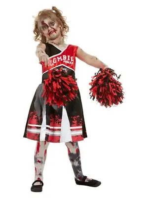 Girls Zombie Cheerleader Uniform Costume & Pom Poms Kids Halloween Fancy Dress • £11.91