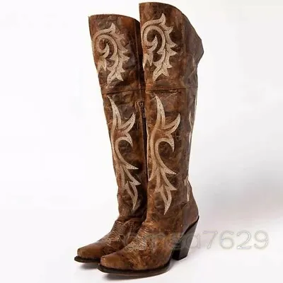 $49.99 • Buy Womens Embroidered High Heel Over Knee Cowboy Boots Faux Leather Shoes Vintage