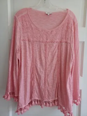 Crown & Ivy Pink Peach Boho Knit Top L Space Dye Fringe Tassels Embroidery Flaw • $14.49