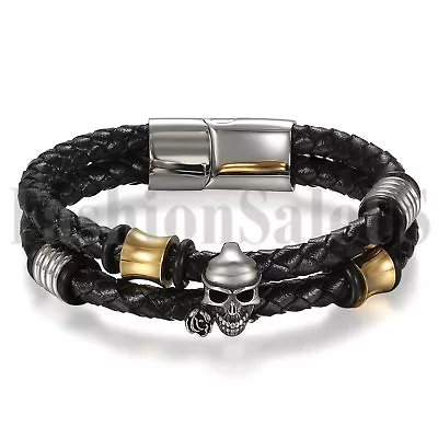 8.07  Mens Black Leather Wrap Skull Stainless Steel Clasp Bangle Cuff Bracelet • $10.99