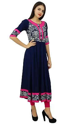 Bimba Blue Anarkali Kurti Rayon Printed Flaired Kurta Long Dress Custom Clothing • $46.01