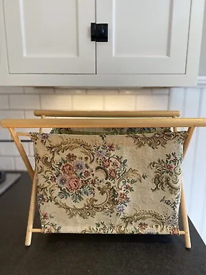 Folding Wood 60’s Floral Roses Knitting Basket Sewing Tapestry Bag Vtg • $42