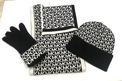 Michael Kors 3 Piece Scarf Beanie Glove Set Black W/ White MK Logo • $22