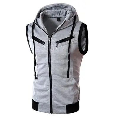 Men Autumn Sleeveless Drawstring Hoodie Vest Casual Zip Up Slim Fit Tops • $18.87