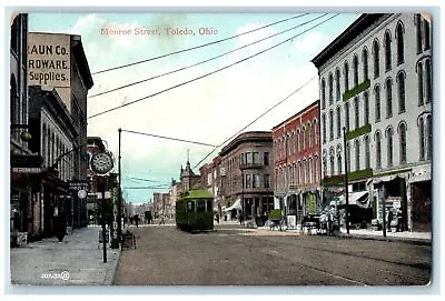 1908 Monroe Street Trolley Street Watch Horse Buggy View Toledo Ohio OH Postcard • $15.95