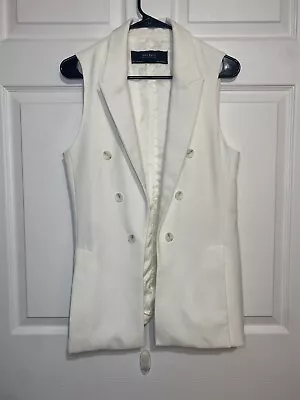 Zara Womens M White Long One Button Vest Sleeveless Cardigan Blazer Lined • $25