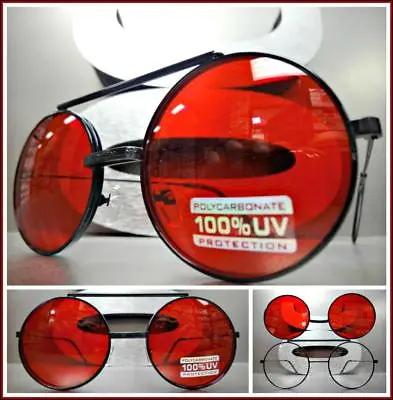Classic Vintage 60's Retro Style Round Flip Up SUN GLASSES Black Frame Red Lens • $14.99