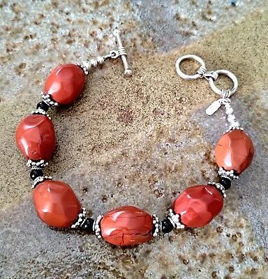 VINTAGE QVC 925 Sterling Silver Red Jasper And Black Onyx Toggle Bracelet  • $30