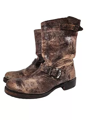 Frye Veronica Boots Leather Engineer Moto Harness Crackle Brown Distressed Sz 9 • $64.99