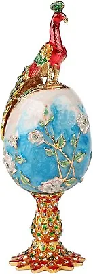 Vintage Blue Peacock Faberge Egg Style Trinket Box Hinged Unique Gift For Family • $32
