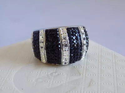 New QVC Steel By Design Ring Size 8 Black And Clear Crystal Wide Domed • $35