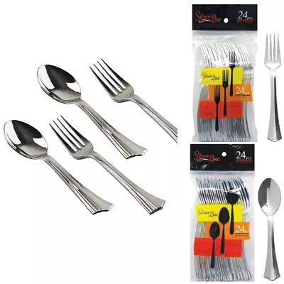 $6.99 • Buy 24PCS Each Set Silver Plastic Silverware Set Disposable Forks Spoons Party Bulk