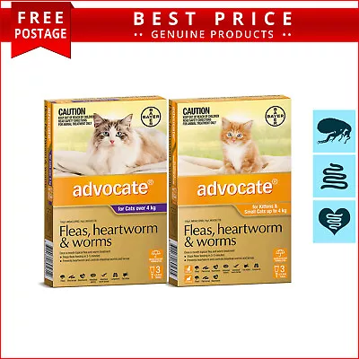 ADVOCATE 3 Doses For Cats All Sizes Monthly Heartworm Flea Worm Prevention • $48.93