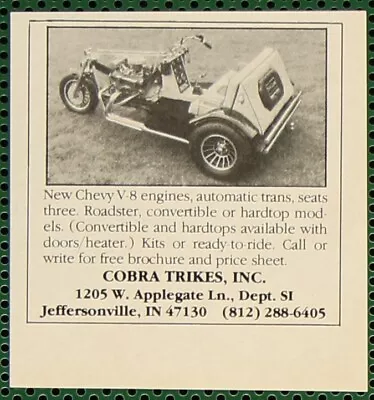 Cobra Trikes Chevy V8 Engines Automatic Roadster Hardtop Vintage Print Ad 1986 • $5.25