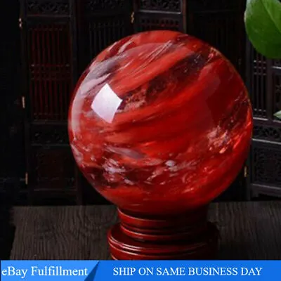 80mm Large Natural Quartz Crystal Sphere Healing Red Smelting Stone Ball + Stand • $21.49