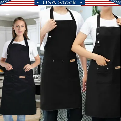 $7.59 • Buy Mens Women Cooking Bib Apron Waterproof Two Pocket Adjustable Kitchen Pinafore