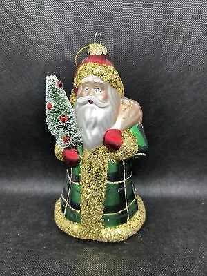 Raz Imports Tartan Plaid Green Glass Santa Christmas Ornament Bottle Brush Tree • $10.99