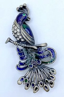 F3-2198 Vintage Brooch Pewter Pin 2.5  Enamel Animal Rhinestone Bird Peacock • $5.99