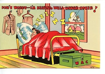 WAC-Women's Army Corp-In Bed-Keeping Under Cover-Vintage Military Comic Postcard • $6.99