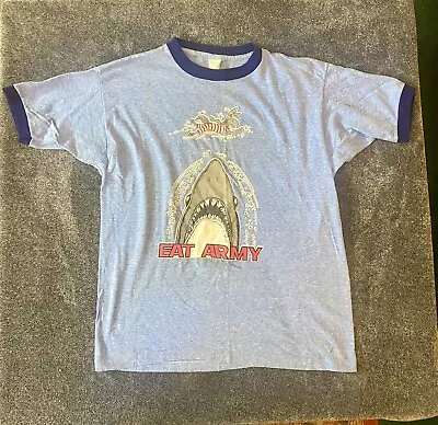 VTG 70s Army Navy Football Game Ringer T Shirt Blue “Eat Army” Shark Jaws Sz M • $72.25