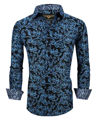 Men PREMIERE Long Sleeve Button Down Dress Shirt BLUE BLACK PAISLEY DESIGNER 623 • $39.99