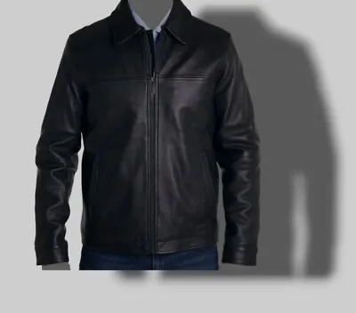 $525 Perry Ellis Men's Black Classic Lambskin Leather Moto Biker Coat Jacket L • $147.18