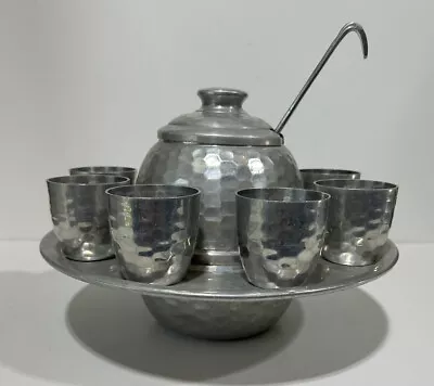 Vintage HAMMERED ALUMINUM Unique Punch Bowl With Cups And Ladles. • $59.99