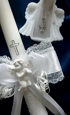 Christening Candle 35 Cm Gift Set Silver Angel Pendant Gift Box Holy Communion • £25