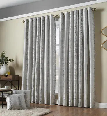 Silver Reflections Abstract Jacquard Yarn Lined Eyelet Ring Top Curtains Pair • £5.99